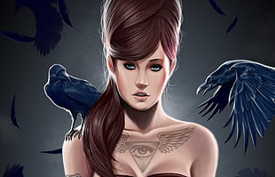 woman with tattoo and crow digital wallpaper HD wallpaper