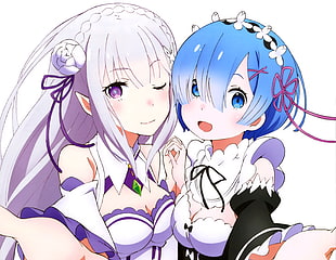 two female anime characters with purple long hair and blue short hair