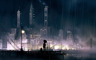 gray concrete high-rise buildings, artwork, lantern, night, rain