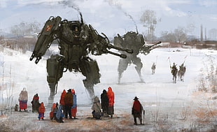 robot on snowfield painting, artwork, science fiction, painting, Jakub Różalski