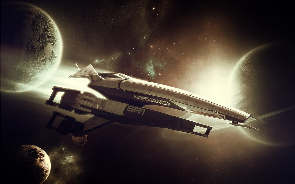 gray and black Normandy spacecraft illustration, spaceship, space station, normandy sr-1, Mass Effect HD wallpaper