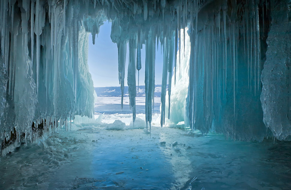 ice shards, ice, cave HD wallpaper