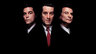 three men's black suit jackets, Goodfellas, Robert de Niro, Ray Liotta, Joe Pesci