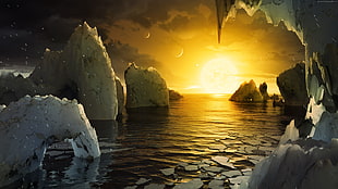 ice berg with sunset digital wallpaper