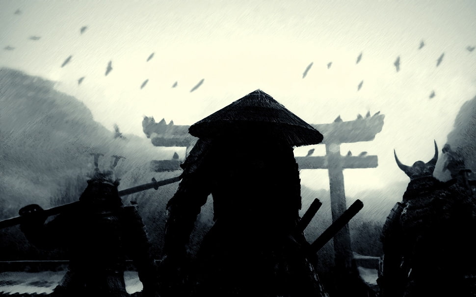 black and white wooden table, samurai, katana HD wallpaper