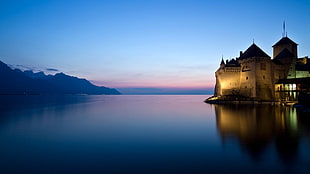 beige building near body of water and mountain, castle, lake, Switzerland, Castel of Chillon HD wallpaper