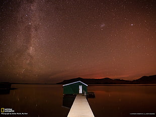 house and brown dock, sky, stars, lake, house