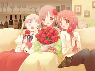 three pink haired anime girls sitting on couch