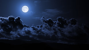 full moon, night, Moon, sky, clouds