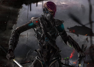 purple haired female cyborg character digital wallpaper, warrior, futuristic, artwork