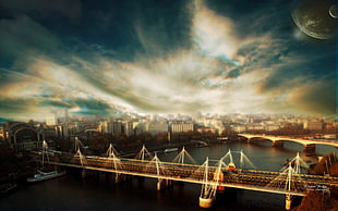 white and brown bridge during nimbus clouds HD wallpaper