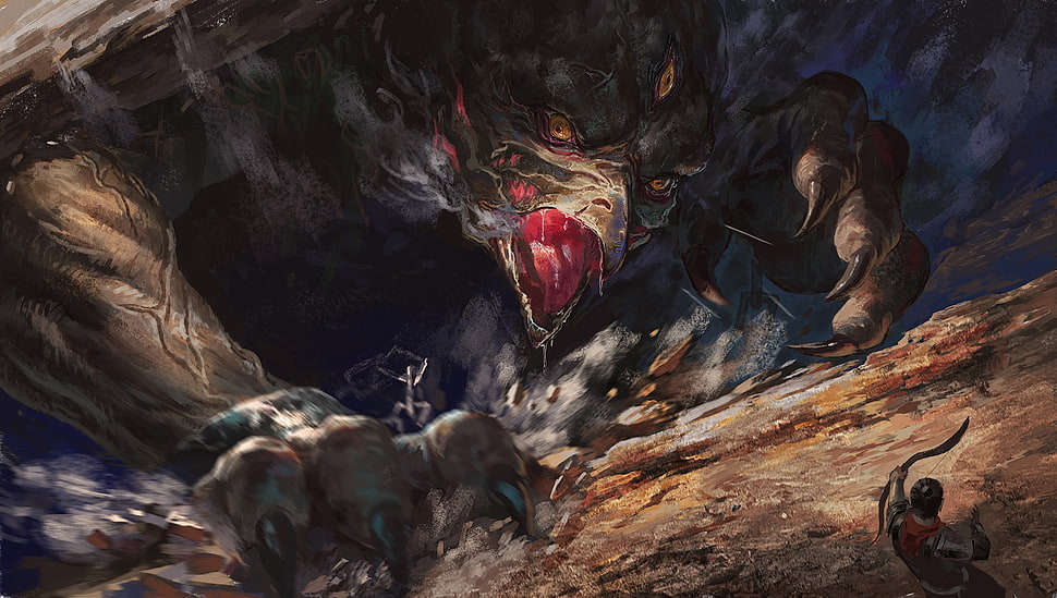 gray monster illustration, warrior, fantasy art, demon, archer HD wallpaper