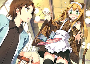 blonde girl wearing cat ears and maid outfit standing near boy in black button-up shirt anime wallpaper