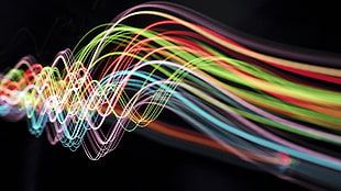 red, yellow, and blue textile, rainbows, neon, abstract, light trails HD wallpaper