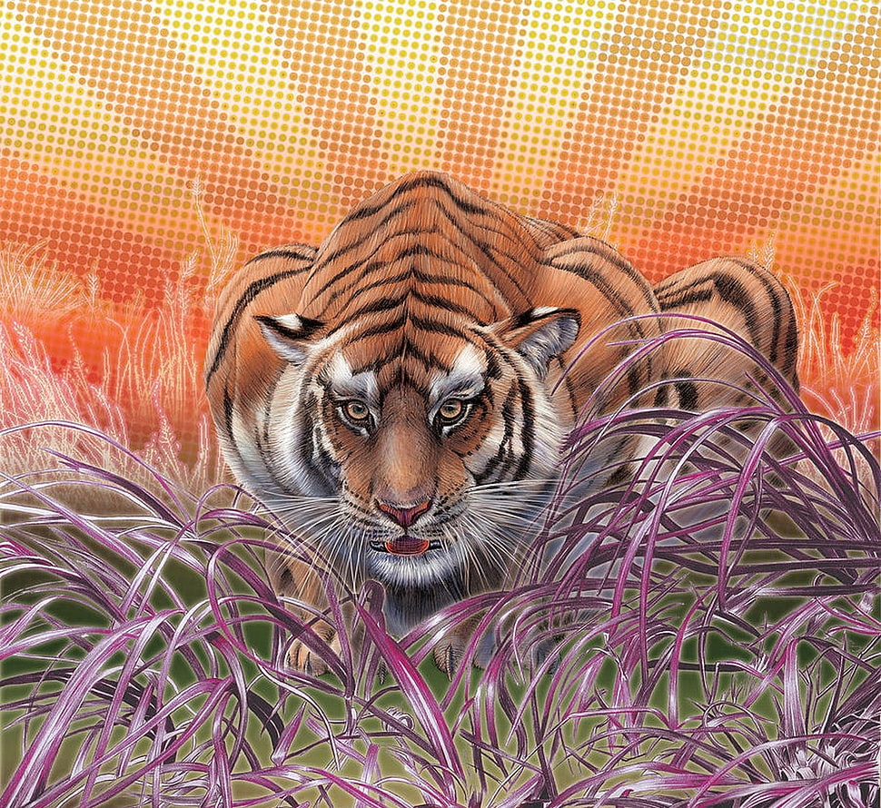 tiger about to jump illustration, tiger, animals, digital art, nature HD wallpaper
