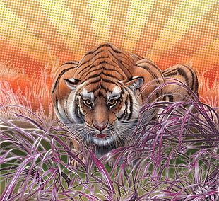 tiger about to jump illustration, tiger, animals, digital art, nature