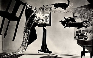 black and white table lamp, Salvador Dalí, painters, water, cat HD wallpaper