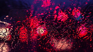 wet glass, red, lights, rain, water on glass