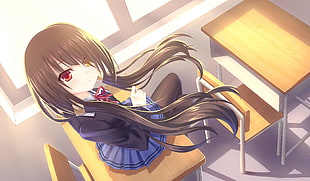 anime girl student sitting on school desk near window illustration HD wallpaper