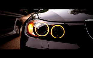 vehicle headlight, car, BMW, BMW E90, black cars