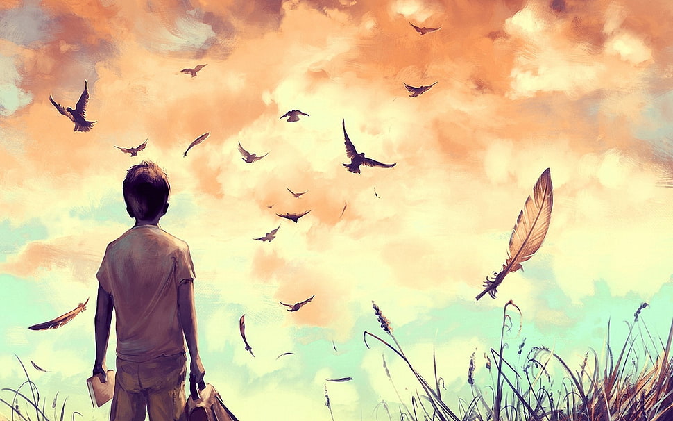 boy looking at the birds in the sky illustration, AquaSixio, birds, children, feathers HD wallpaper