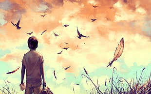boy looking at the birds in the sky illustration, AquaSixio, birds, children, feathers