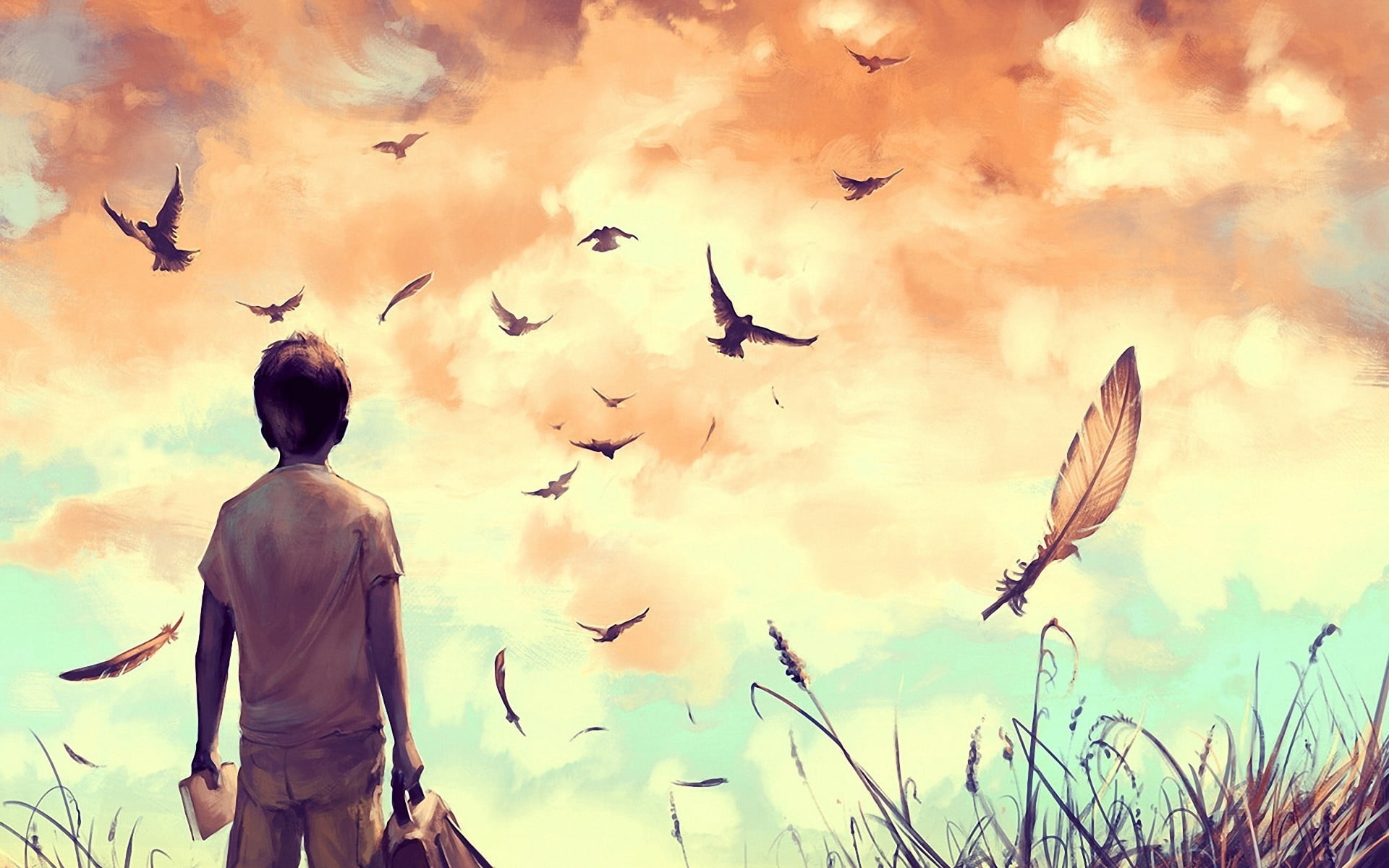boy looking at the birds in the sky illustration, AquaSixio, birds, children, feathers