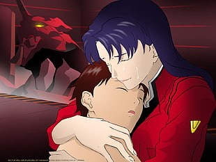 Misato hugging Shinji Ikari