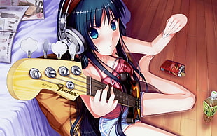 female anime character playing guitar by the bed HD wallpaper