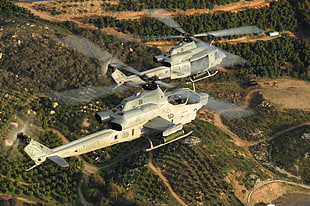 two gray helicopters, USMC, Bell AH-1 SuperCobra, military, Bell AH-1Z Viper