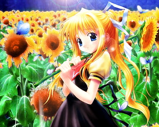 yellow hair girl anime character with sunflower field in the background digital wallpaper