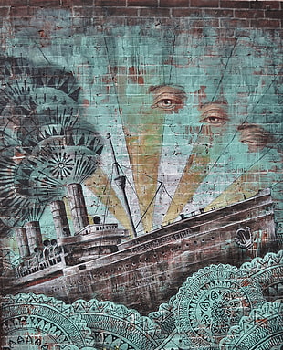 teal and brown mandala and brown Titanic street art graffiti