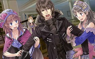 male anime character wearing black jacket with two female character wearing dresses
