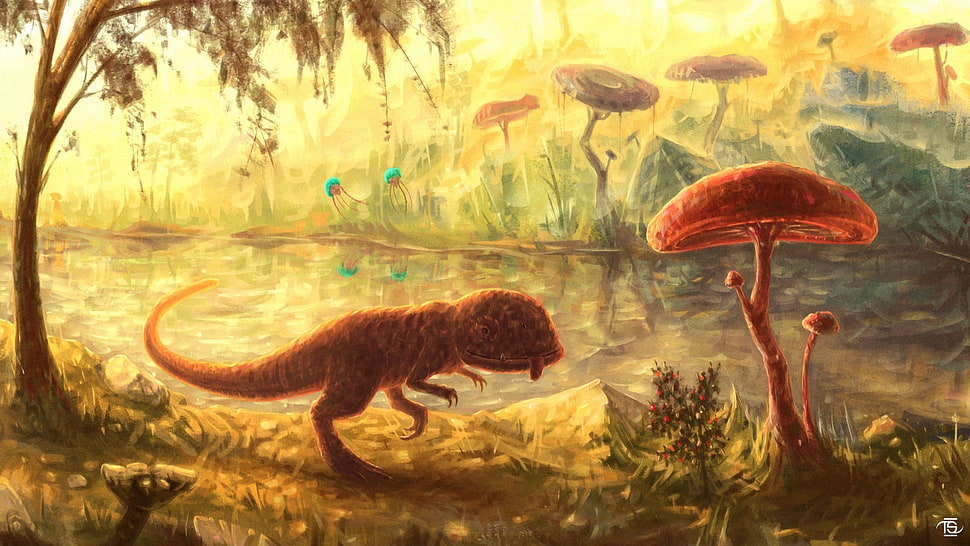 brown t-rex and mushroom 3D wallpaper, digital art, fantasy art, nature, The Elder Scrolls III: Morrowind HD wallpaper
