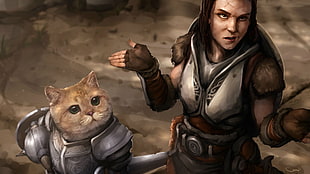 anime female character wearing armor with cat in armor HD wallpaper