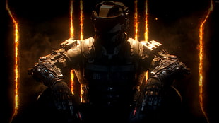 person wearing armor and helmet digital game wallpaper