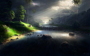 river between trees illustration HD wallpaper