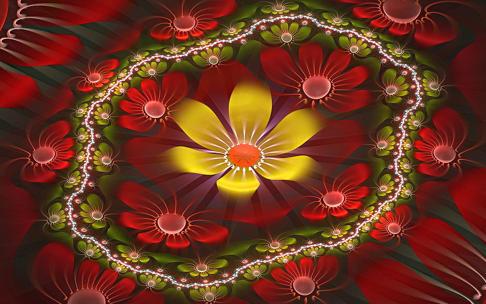 green, red, and yellow flower graphic wallpape HD wallpaper