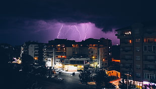 purple lighting strike, Building, Storm, Overcast HD wallpaper