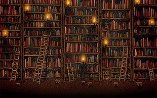 bookshelf painting, library, ladders, candles, shelves