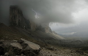 gray mountain, nature, landscape, lightning, storm