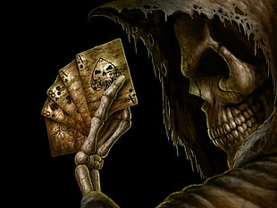 reaper holding five cards digital wallpaper, death, cards, skull, Grim Reaper HD wallpaper