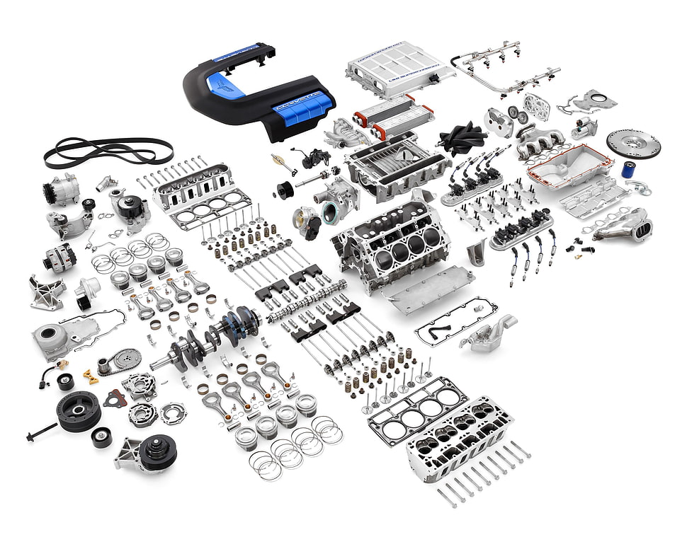 gray component lot, Corvette, engines HD wallpaper