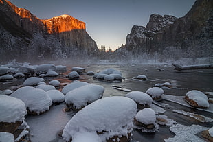 snow-covered stones, landscape, trees, winter, Yosemite National Park