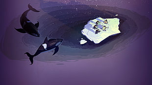 painting of two sharks on body of water, Steam (software), concept art, penguins, orca