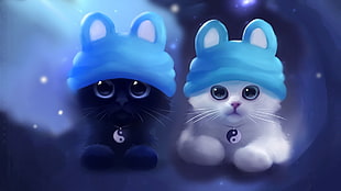 two white and black kittens digital wallpaper, Apofiss, cat, artwork, Yin and Yang