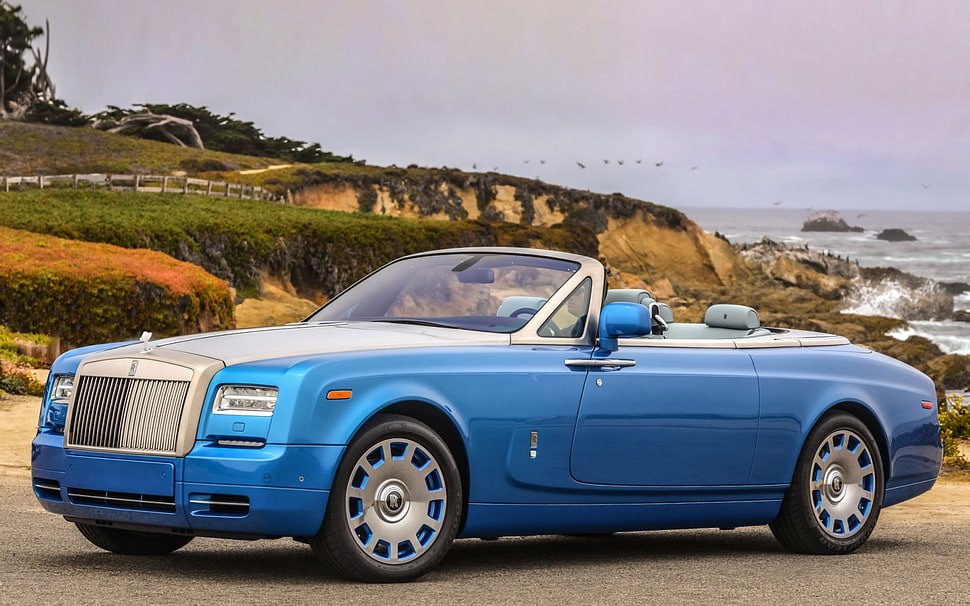 blue convertible coup near mountain and river HD wallpaper