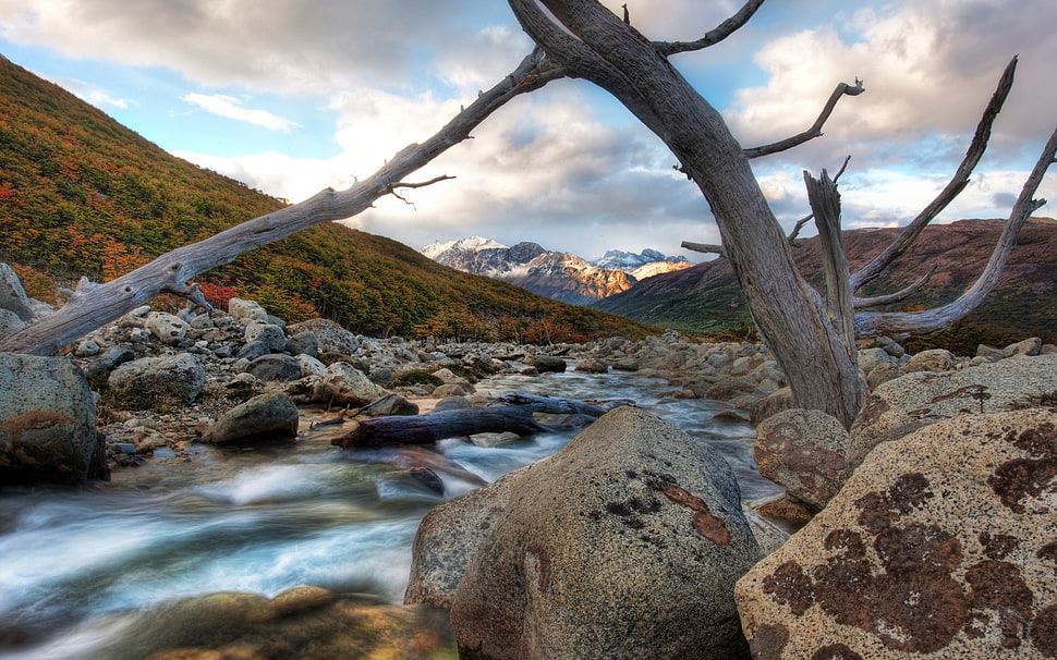 timelapse photo of natural river surrounded with boulder sunder gray cloud HD wallpaper