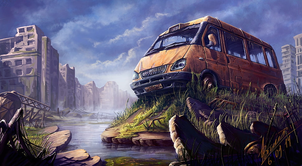 brown minivan graphic cover, artwork, apocalyptic HD wallpaper