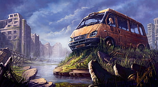 brown minivan graphic cover, artwork, apocalyptic HD wallpaper
